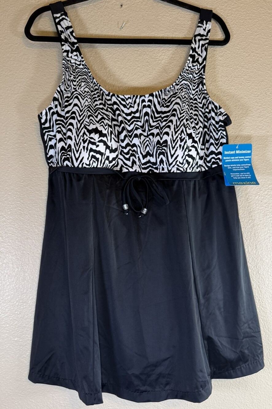 NWT Maxine Of Hollywood Plus 20W Swim Dress Black White One Piece